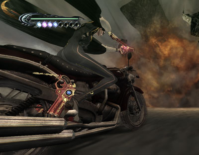 She starts the motorcycle by flipping it the bird. Seriously.